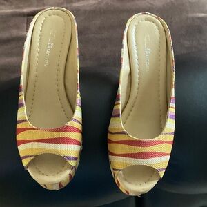 CL by Laundry Yellow, Red and Purple Striped Peep-Toe Wedges